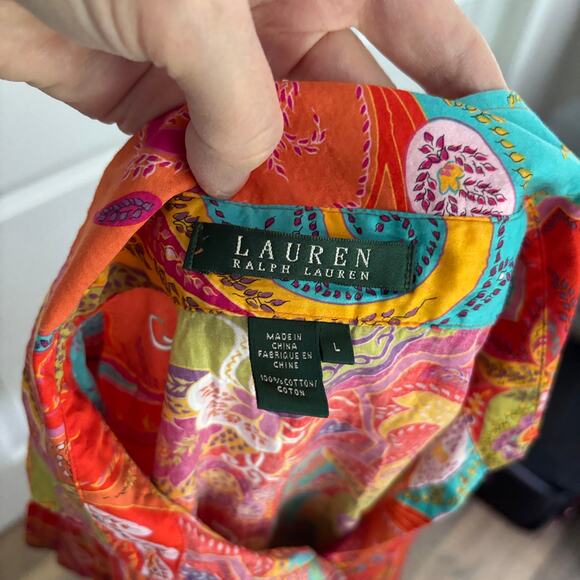 Lauren Ralph Lauren Puff Sleeve Button Shirt Colorful Paisley Large preppy - Picture 5 of 6